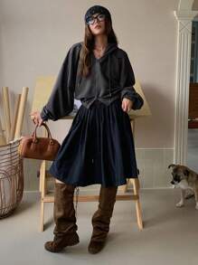 DAZY Áo hoodie trơn màu rộng rãi có khóa kéo cho nữ, mùa thu - Xám - Xem 3