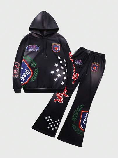 Street Life 2pcs Men's Fashionable Star Badge Printed Hoodie And Sweatpants Set, Autumn