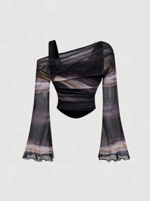 SHEIN MOD Black Off-Shoulder Mesh 2in1 Trumpet Sleeve Long Sleeve Women's Top,Western,Vintage,70s,The Bachelorette