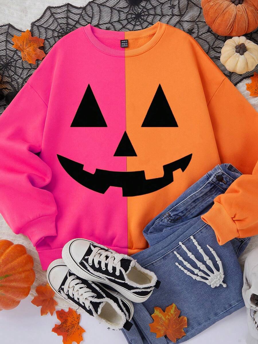 SHEIN Essnce 女士秋季休闲时尚热粉色与热橙色拼色印花圆领长袖运动衫、南瓜万圣节运动衫、超大码衣服 - 彩色 - 查看 1