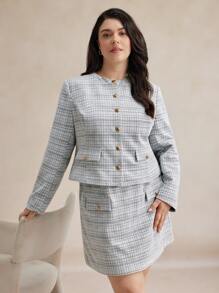 BizChic Plus Size Button Front Long Sleeve Faux Pocket Plaid Blouse & Mini Skirt Suit Two Pieces Set - Black and White - View 6