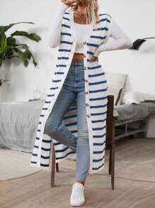 Franclia 大码女款条纹撞色长款开衫 - 彩色 - 查看 4