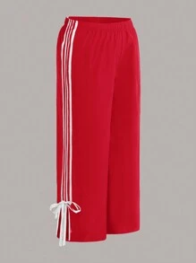 SHEIN EZwear 情人节，秋冬大码女式红色侧边带拼接白条纹裤 - 紅色 - 查看 6