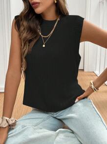 SHEIN Frenchy 女士纯色露背针织吊带背心，侧开衩下摆，秋季休闲无袖上衣 - 黑色 - 查看 8