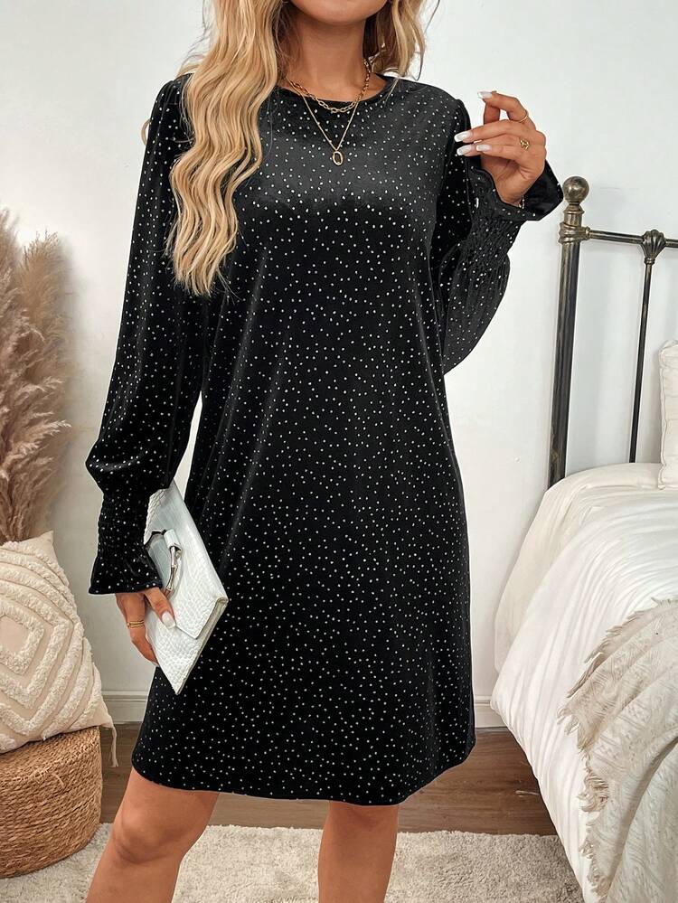 Women's Velvet Polka Dot Print Long Sleeve Short Elegant Dress
