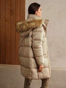 Anewsta Women's Long Khaki Coat With Detachable Fur Collar