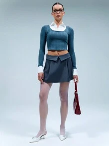 SHEIN Unity 女式春夏撞色罗纹长袖短款修身上衣 - 灰色 - 查看 7