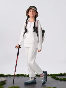 SHEIN 少女冬季毛绒套头卫衣和运动裤套装，休闲撞色运动套装，适合学校、街头和日常穿着 - 白色 - 查看 6