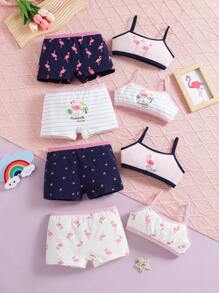 年轻女孩女学生内衣可爱独角兽火烈鸟吊带背心和内裤 3 件套 - 彩色 - 查看 1