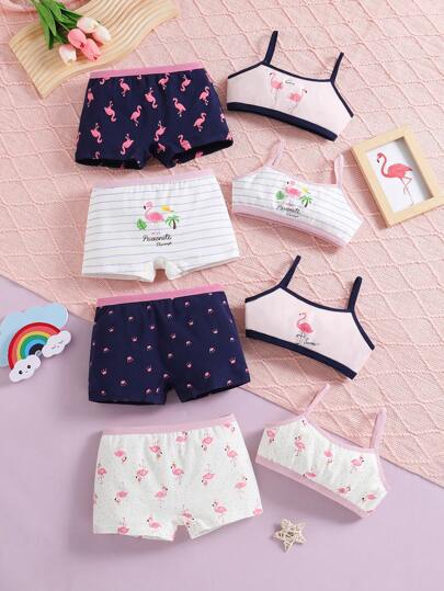 年轻女孩女学生内衣可爱独角兽火烈鸟吊带背心和内裤 3 件套