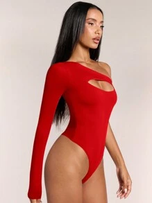 SHEIN BAE 女士单肩紧身衣，不对称连体泳衣紧身衣，单肩紧身衣，酒红色，适合夏季穿着。新年礼服，圣诞节礼服，万圣节礼服 - 紅色 - 查看 6