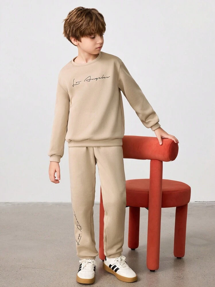 SHEIN Tween Boy Letter Graphic Thermal Pullover & Sweatpants - Beige - View 2