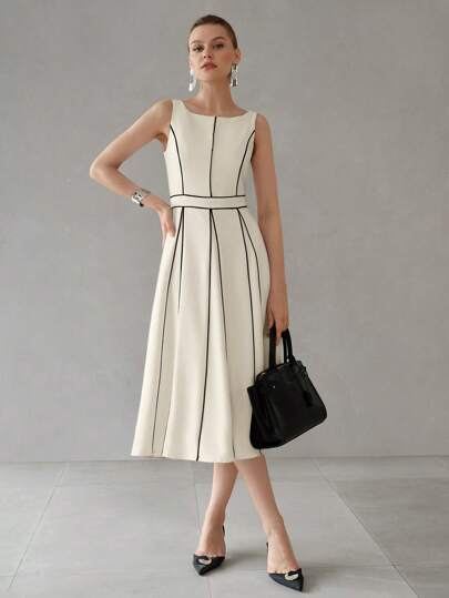 MOTF PREMIUM CONTRAST PIPING FOLD PLEATED MIDI DRESS