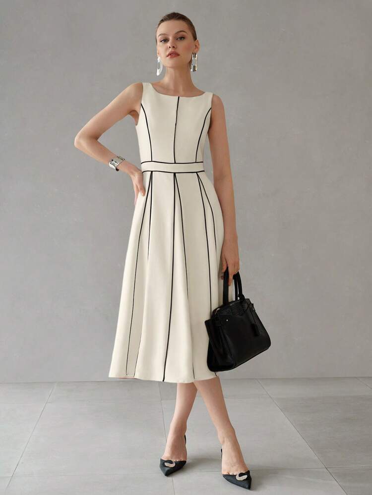 CONTRAST PIPING FOLD PLEATED MIDI DRESS