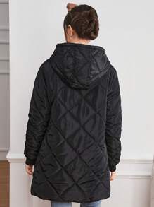 少女冬季拉链连帽长袖厚泰迪熊保暖衬里绗缝渐变色图案填充中长外套