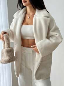 SHEIN Unity Collared Fleece Solid Color Casual Long Sleeve Jacket, Autumn/Winter Fall Cloth For Women - White - View 1