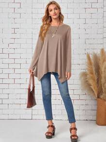 EMERY ROSE Women's Casual Solid Color Asymmetrical Hem T-Shirt, Spring Autumn - Apricot - View 3