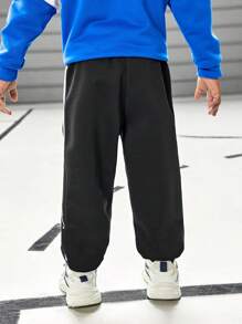 SHEIN Young Boy Patchwork Casual Sports Trousers, Moisture-Wicking, Letter Print, Contrast Color, For School, Street, Running, Basketball - Multicolor - View 2