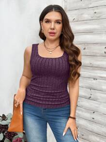 SHEIN LUNE 大码女式夏季纯色方领罗纹修身休闲背心派对亮片假日款 - 紫色 - 查看 4