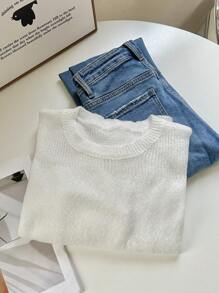 Chiquease Suéter sencillo de cuello redondo de manga larga y unicolor para mujer, uso diario casual - Beis - Ver 6