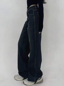 DAZY 女士休闲洗水直筒宽松牛仔裤 - 藍色 - 查看 4