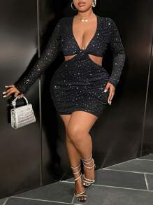 Slaydiva 大码优雅派对性感紧身低领镂空腰部透明网眼迷你黑色连衣裙，秋季 - 黑色 - 查看 5