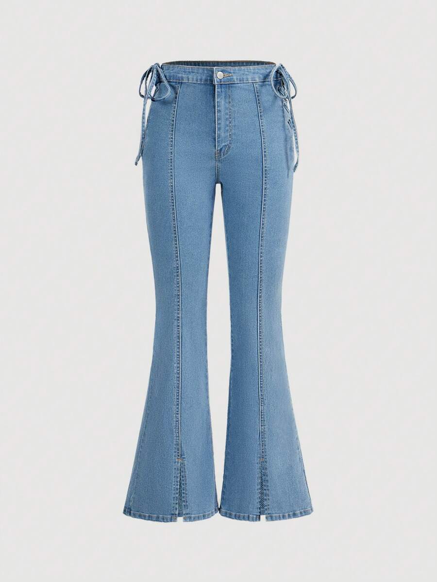 SHEIN MOD Women's Side Tie Waist Flare Casual Versatile Denim Jeans