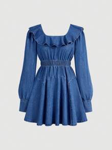 SHEIN MOD Váy denim dài tay đơn sắc viền bèo nhún cho nữ - Màu xanh lam - Xem 2