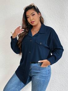 SHEIN LUNE Chaqueta informal de ajuste holgado de unicolor, talla grande, para primavera y otoño - Azul Marino - Ver 4