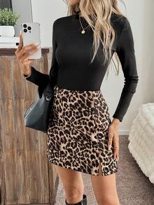SHEIN LUNE Váy bó sát xẻ gấu họa tiết da báo cổ điển dành cho nữ, trang phục công sở và thường ngày, mùa thu và đông - Nhiều màu - Xem 6