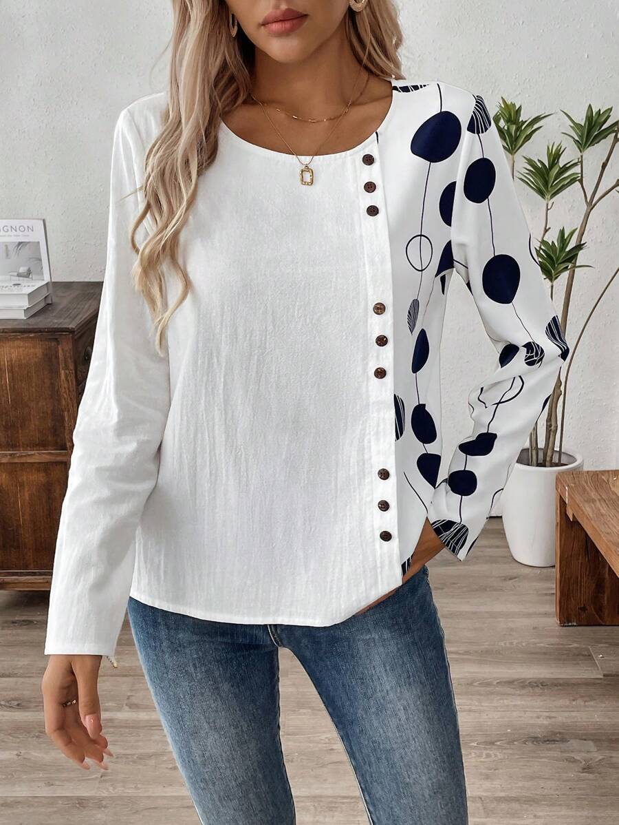 EMERY ROSE Women's Printed Patchwork Long Sleeve Casual Blouse, Autumn - White - View 1