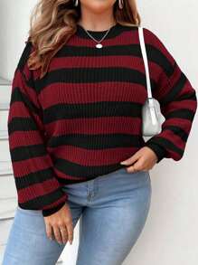 Nubod Suéter casual de cuello redondo, hombros caídos y manga larga con diseño de rayas para mujer de talla grande, para otoño/invierno - Burdeos - Ver 3