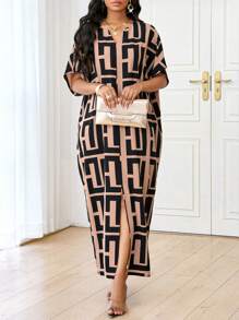 SHEIN Lady Autumn And Winter Elegant Casual Work Party Brown Leopard Print V Neck Slit Butterfly Sleeve Women Dresses - Multicolor - View 5