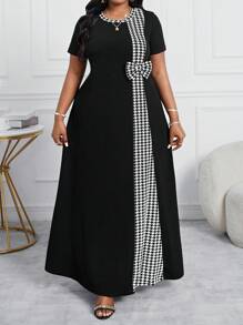 SHEIN Lady 春夏优雅黑色针织圆领短袖新品加大码连衣裙加大黑裙长款黑色连衣裙 - 黑與白 - 查看 5