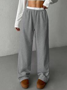 SHEIN EZwear 女士休闲宽松针织阔腿运动裤，灰色 - 深灰色 - 查看 5