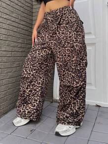 Flirla Plus Size Women Leopard Print Vintage American Style Casual Cargo Pants - Multicolor - View 5