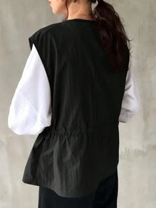 FRIFUL Women's Casual Zip-Up Waist Fitted Vest Jacket For Spring/Fall