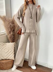 SHEIN RusticEase 2 bộ áo len dài tay hở vai cổ tròn màu trơn xẻ tà và quần dệt kim thường ngày cho nữ, mùa thu đông - Màu Khaki - Xem 7