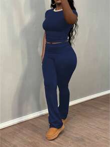 Women's Solid Color Casual Short Sleeve T-Shirt And Fold-Over Waist Long Pants Set - Navy Blue - View 3