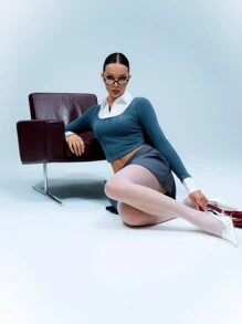 SHEIN Unity 女式春夏撞色罗纹长袖短款修身上衣 - 灰色 - 查看 3