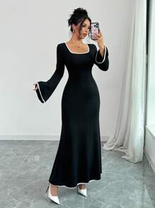 Selianne 女式春夏方领喇叭袖长款优雅连衣裙 - 黑與白 - 查看 4