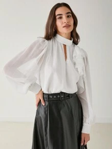 Enchnt 女士优雅纯色立领荷叶边衬衫，春/秋 - 紫丁香色 - 查看 2
