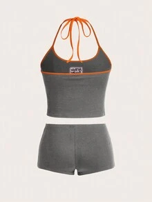SHEIN ICON 女士 Y2k 夏季运动套装 撞色 Bikercore 字母刺绣无袖上衣和低腰短裤套装 - 灰色 - 查看 4