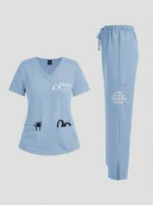 TaskEZ Women's Letter Print V-Neck Short Sleeve Pocket Top And Drawstring Waist Pants Casual Uniform Scrub Set