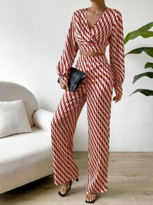 Chiquease 2 件女士通勤装 - 波浪条纹灯笼袖衬衫和裤子，春夏 - 紅色 - 查看 1