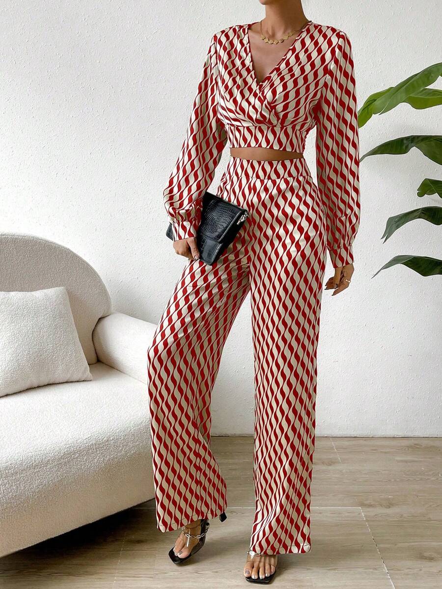 Chiquease 2 件女士通勤装 - 波浪条纹灯笼袖衬衫和裤子，春夏 - 紅色 - 查看 1