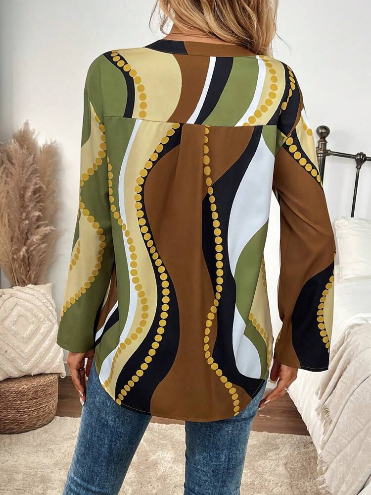 Women's Notched Neck Single-Breasted Printed Casual Long Sleeve Blouse, Autumn