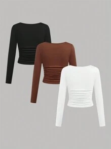 SHEIN Juego de 3 camisetas de manga larga de cuello cuadrado fruncido que combina con todo, en negro, marrón y blanco, 3 piezas, compra 1 y llévate 2 gratis para adolescentes