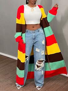 Slaydiva Áo len cardigan dệt kim sọc nhiều màu cỡ lớn cho nữ, khối màu - Nhiều màu - Xem 6