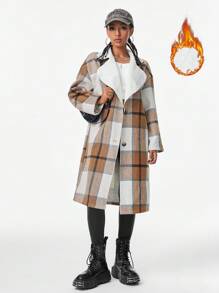 SHEIN EZwear Coolane Street Style Casual Y2k Plaid Print Button Front Coat Thermal Lined